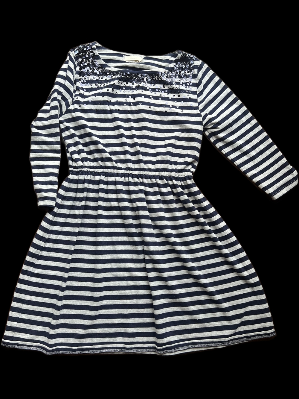 Navy & White Striped Sequin Yoke Kids Dress